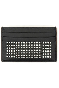 Alexander McQueen men’s black leather card holder with a grid of silver studs across the center