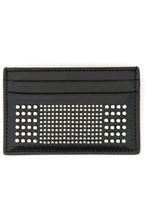 Alexander McQueen men’s black leather card holder with a grid of white perforations on the front side