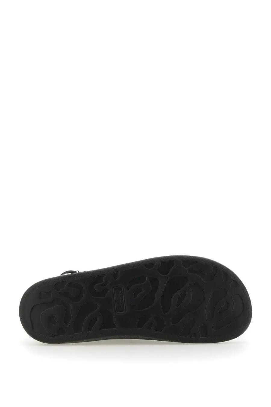 Alexander McQueen men’s black leather sandal with black rubber sole textured pattern and metallic zipper pull side detail