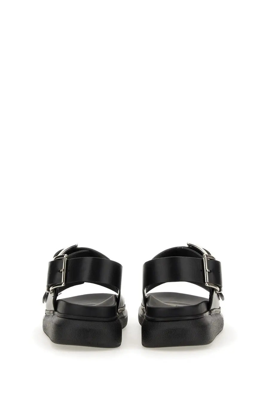Alexander mcqueen men’s black leather sandals with silver buckle straps and chunky platform sole