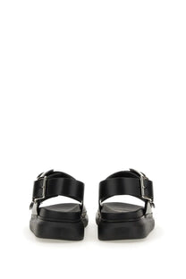 Alexander mcqueen men’s black leather sandals with silver buckle straps and chunky platform sole