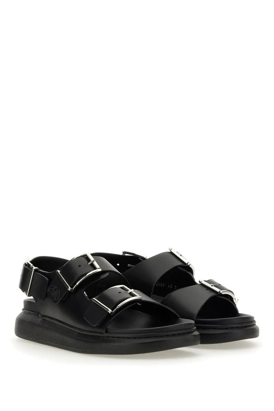 Alexander McQueen men’s black leather sandals with silver buckle straps and chunky platform sole