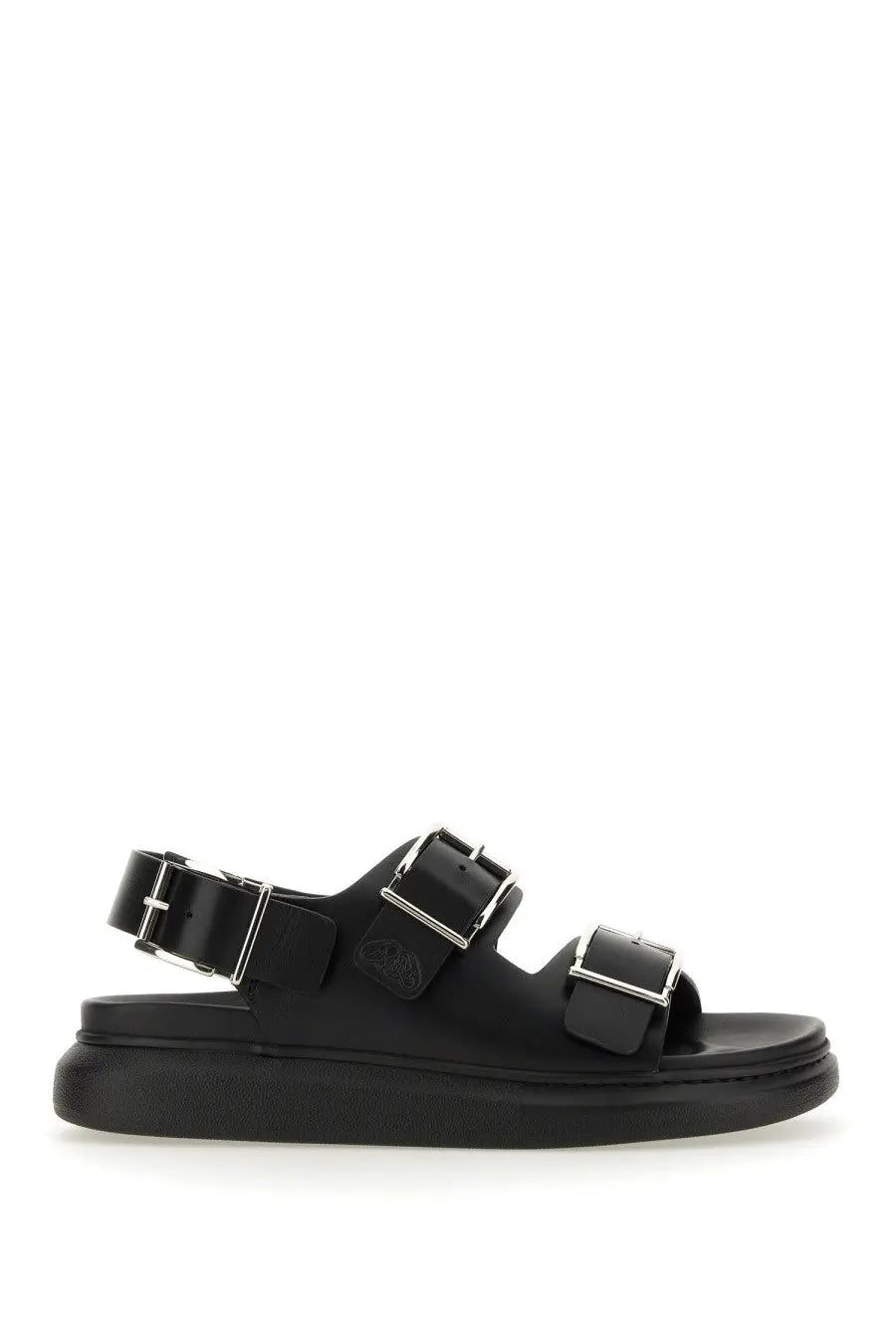 Alexander McQueen men’s black leather sandals with three silver buckle straps and chunky platform sole