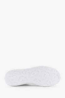 White rubber sole with embossed logo on alexander mcqueen men’s low top black leather sneakers