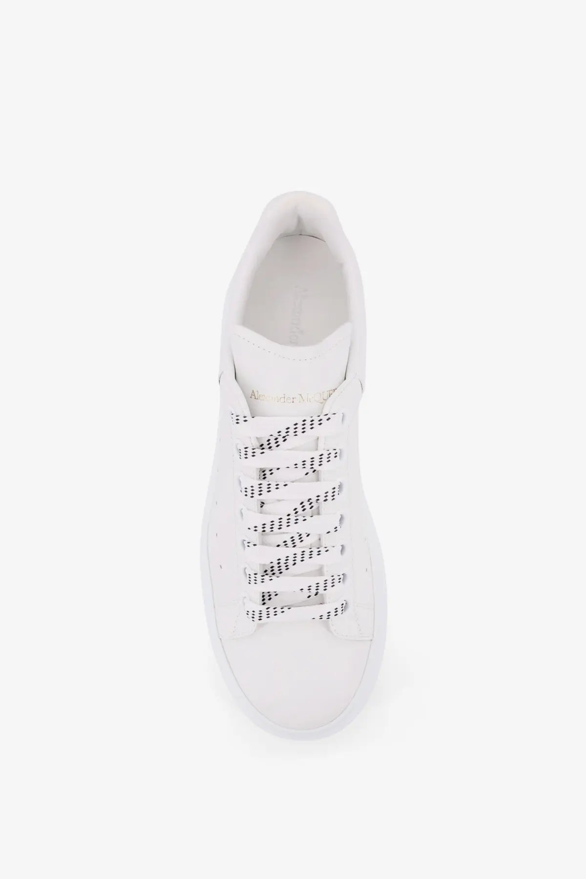 Alexander McQueen men’s low top white leather sneakers with black dotted laces for stylish casual wear