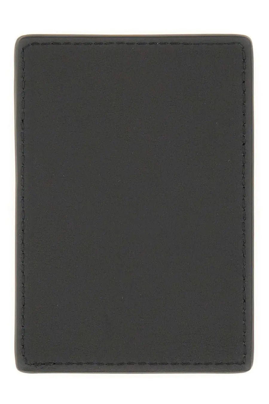 Black leather Alexander McQueen men’s magnetic card holder with neat contrasting stitching along the edges