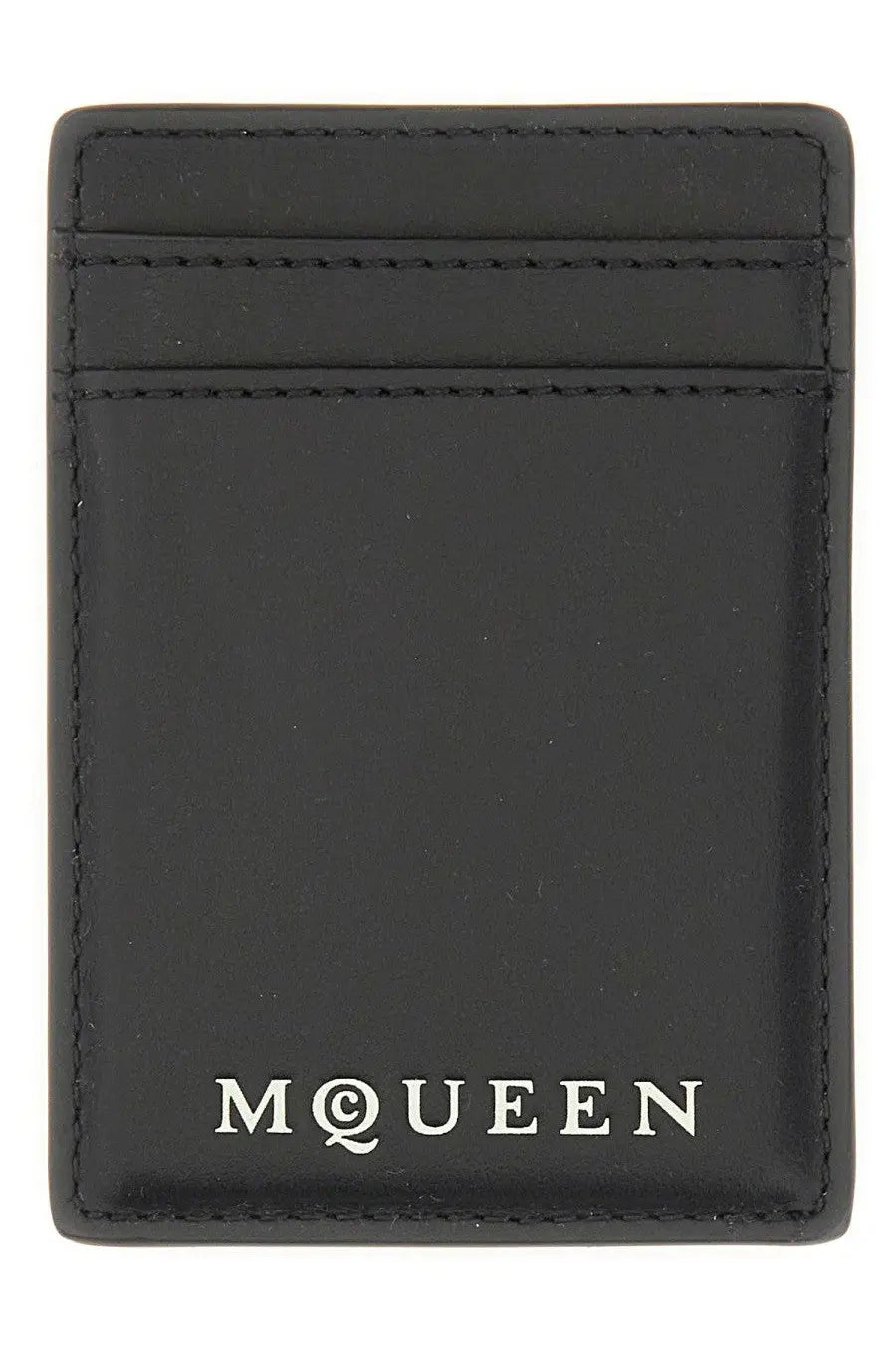 Black leather magnetic card holder for men by Alexander McQueen with white mcqueen logo at the bottom