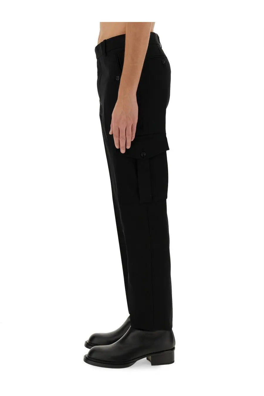 Alexander McQueen men’s black cargo pants with multiple flap pockets and a tailored fit for military style