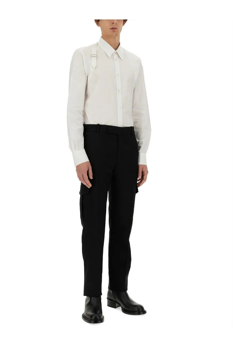White long-sleeved button-up shirt with crisp collar and chest strap detail paired with alexander mcqueen black military pants