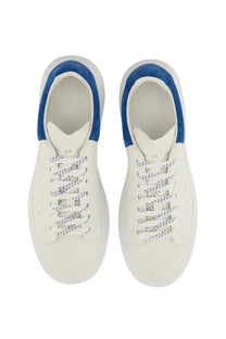 Alexander mcqueen men’s oversized leather sneaker in white with blue suede accents and chunky sole