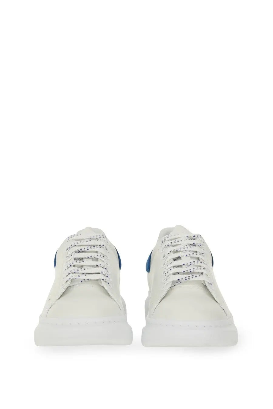 Alexander mcqueen men’s oversized leather sneaker white with navy blue heel tab and perforations along the laces