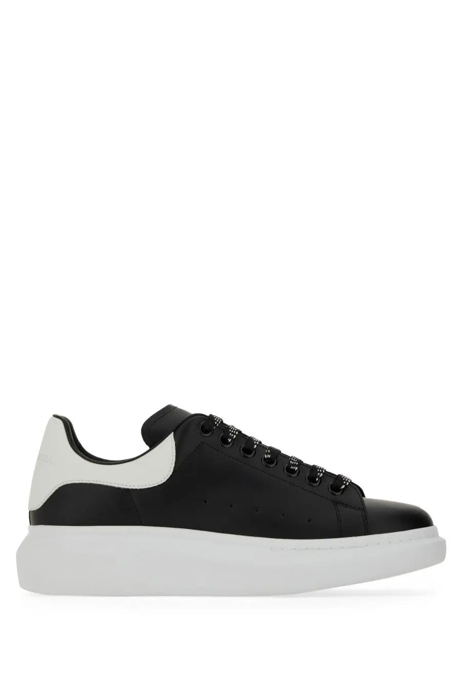 Alexander McQueen men’s oversized sneaker black with glossy leather upper white heel tab and chunky rubber sole