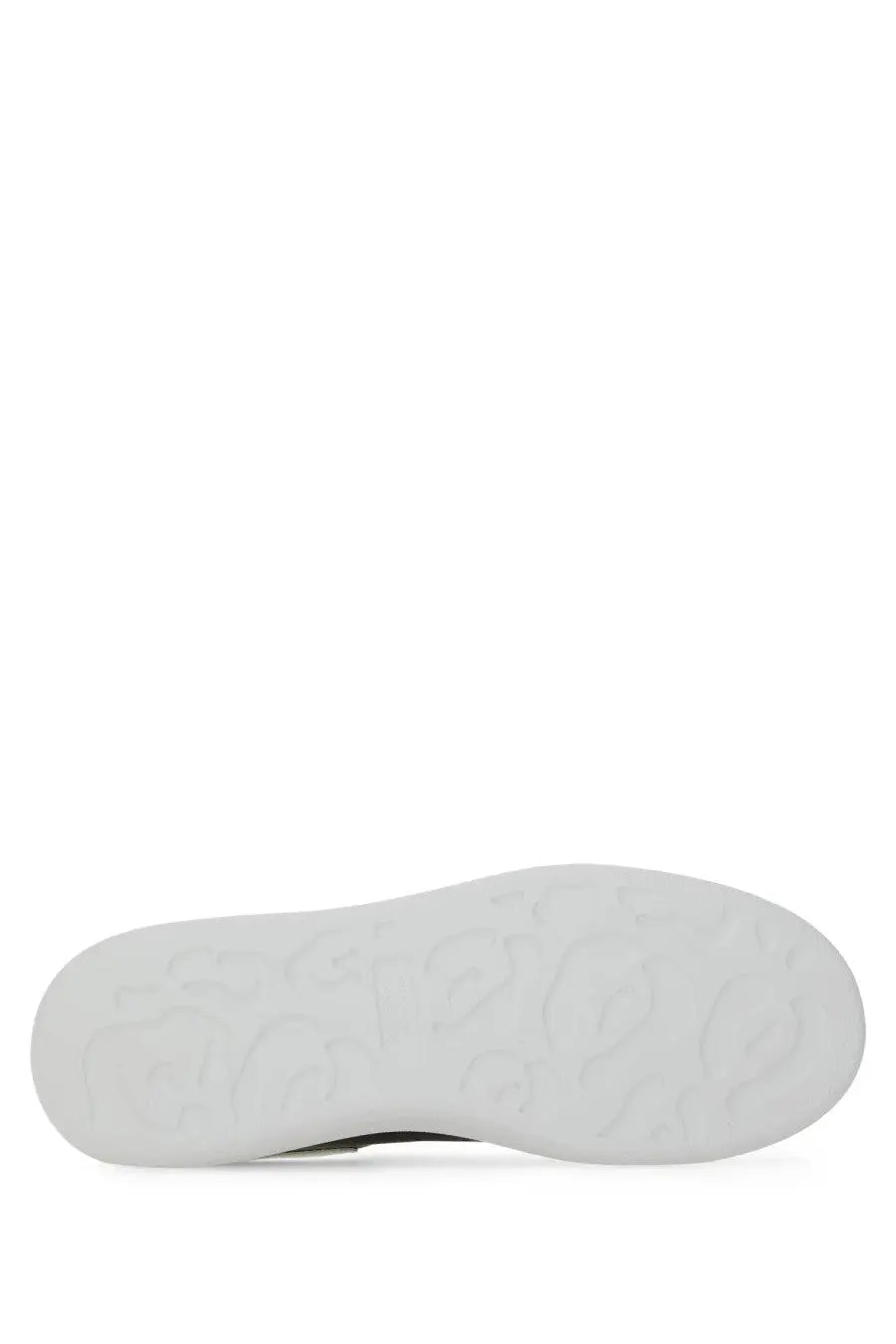 White rubber sole with embossed logo pattern on alexander mcqueen men’s oversized black sneaker back side