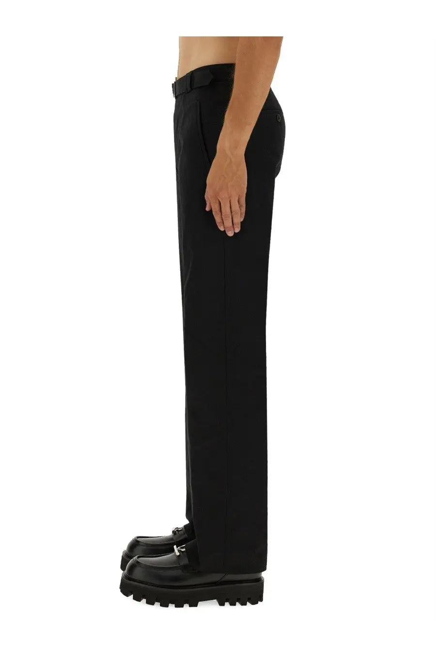 Alexander McQueen men’s black tailored trousers with a sleek straight-leg cut and matching belt