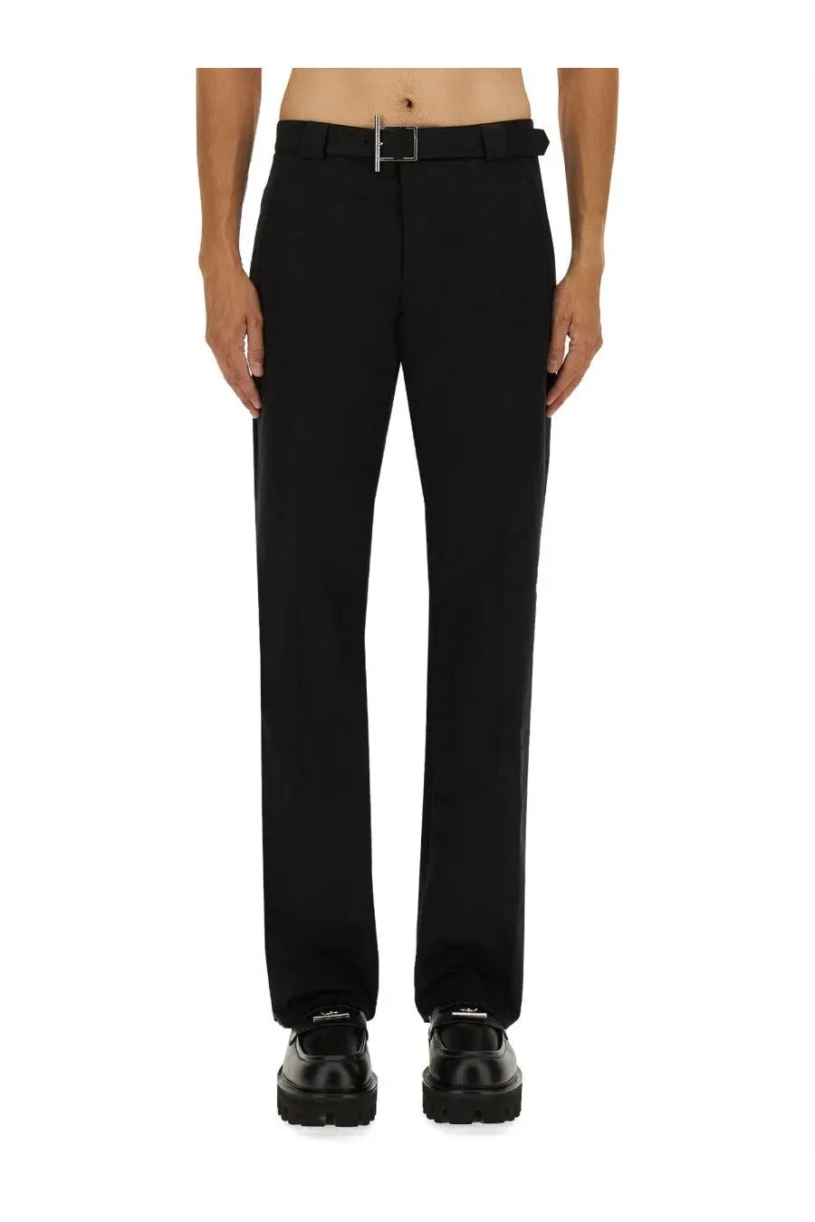Alexander McQueen men’s black tailored trousers with a sleek straight-leg cut and minimalist silver-toned belt buckle