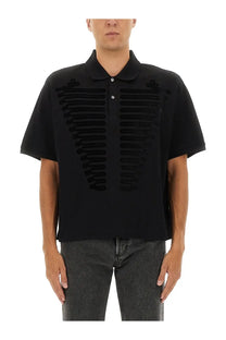 Alexander McQueen men’s black short-sleeved polo shirt with ribcage-inspired textured design on the chest