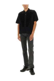 Alexander McQueen men’s black short-sleeved polo shirt with ribbed textured vertical stripes on the chest