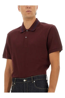 Alexander McQueen men’s polo shirt red in maroon with navy blue collar and silver buttons for casual wear
