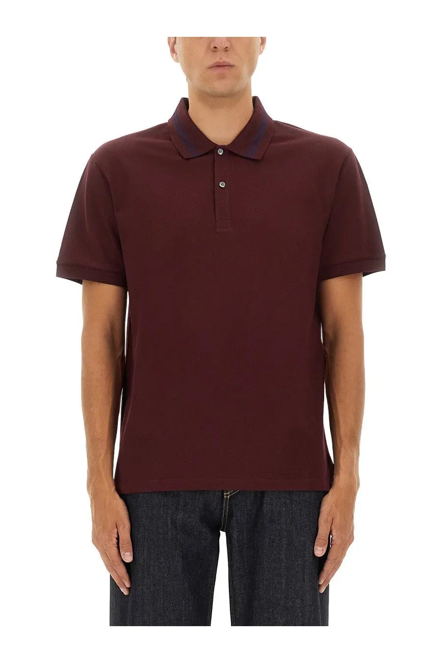 Alexander mcqueen men’s polo shirt red in maroon with navy collar placket short sleeves and button-down front