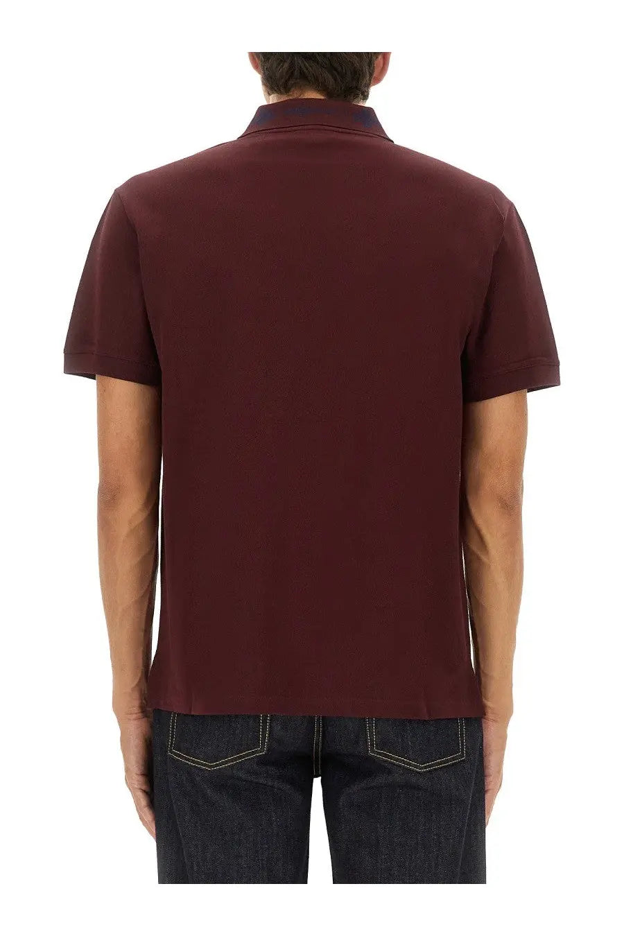 Alexander McQueen men’s polo shirt red in maroon with short sleeves and contrasting dark navy collar for casual wear