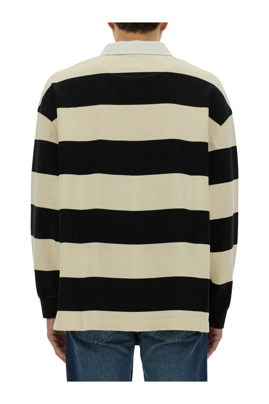 Alexander McQueen men’s rugby polo multicolor black and cream striped long-sleeve shirt with white collar