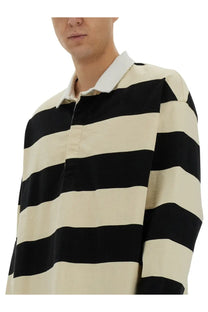 Alexander McQueen men’s rugby polo multicolor with black and cream stripes and white contrasting collar long sleeve shirt