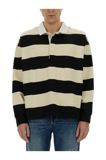 Alexander McQueen men’s rugby polo with black and cream horizontal stripes and white collar in long-sleeve cotton design