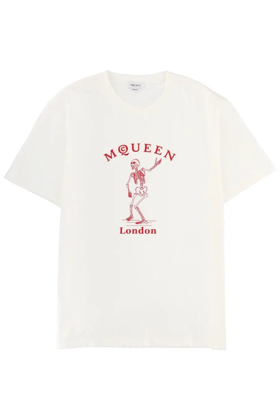 White cotton alexander mcqueen men’s t-shirt with red skeleton graphic and m@queen london text