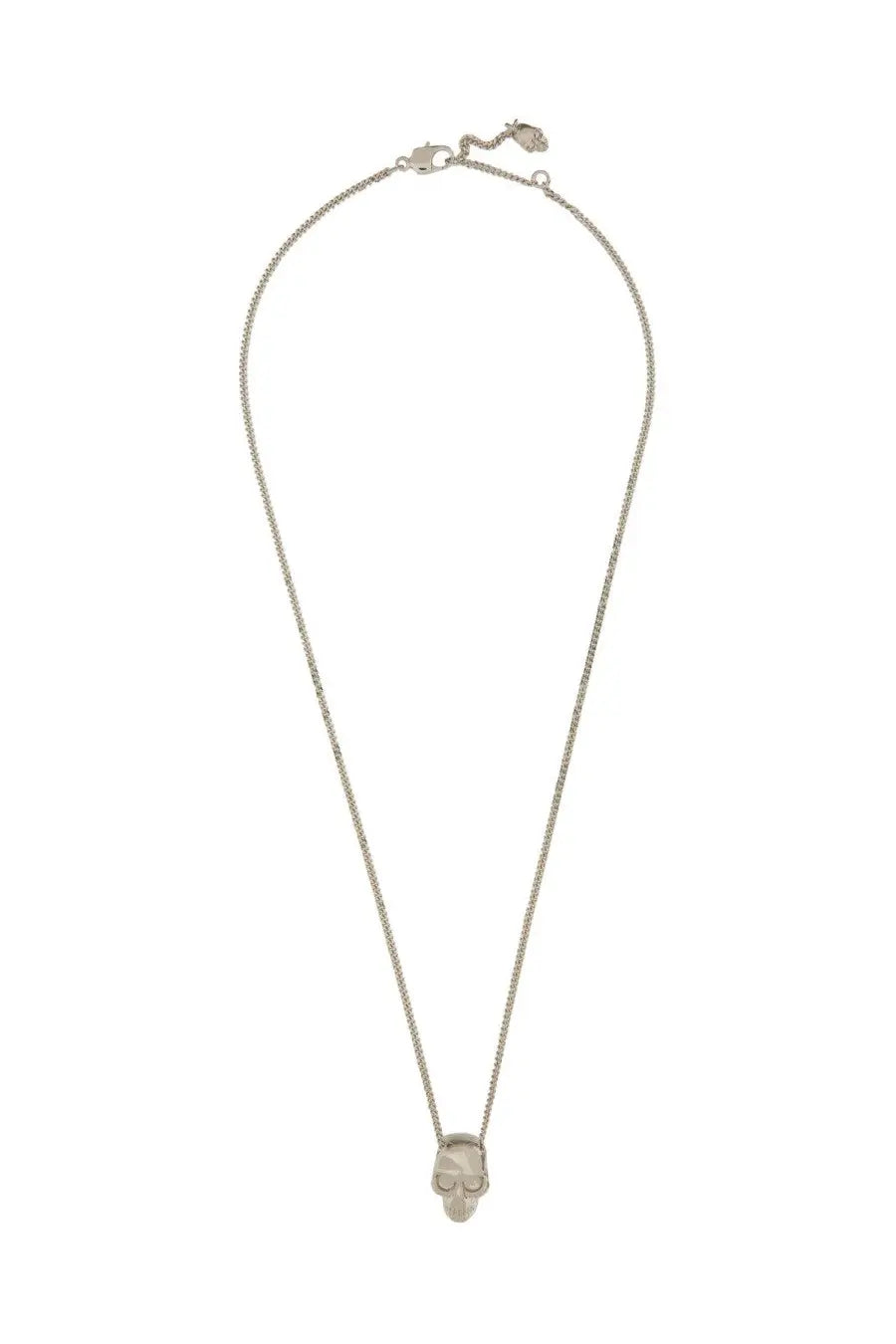 Silver skull pendant necklace with delicate chain and minimalist design alexander mcqueen men’s silver accessory