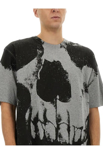 Alexander mcqueen men’s grey cotton shirt with a gray and black distressed skull graphic print on the front