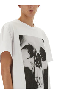 White cotton alexander mcqueen men’s t-shirt with large black and white skull photographic print on front