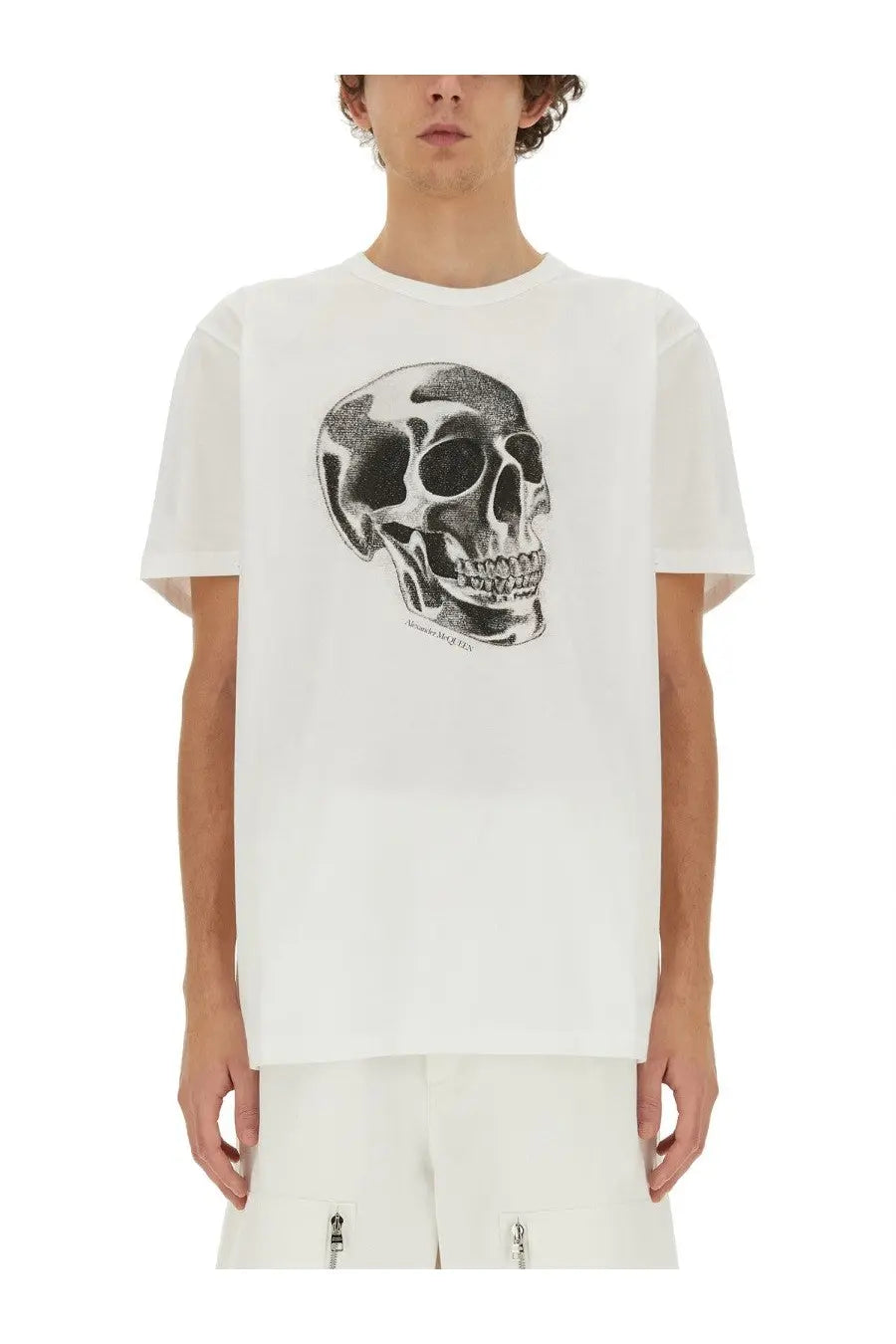 White alexander mcqueen mens cotton t shirt with skull graphic print on front