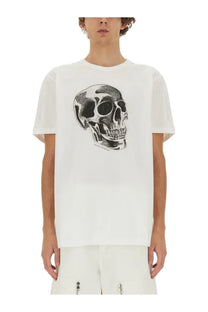 White alexander mcqueen mens cotton t shirt with skull graphic print on front