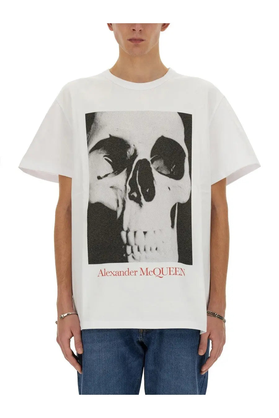Alexander McQueen men’s white t-shirt with black and white skull graphic and red brand name print below