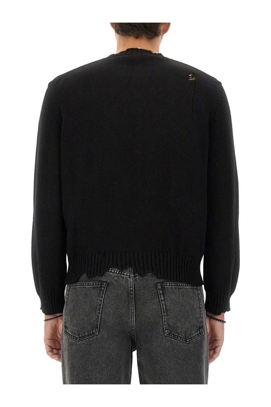 Alexander McQueen men’s black knitted sweater with ribbed hem and subtle distressed shoulder detail