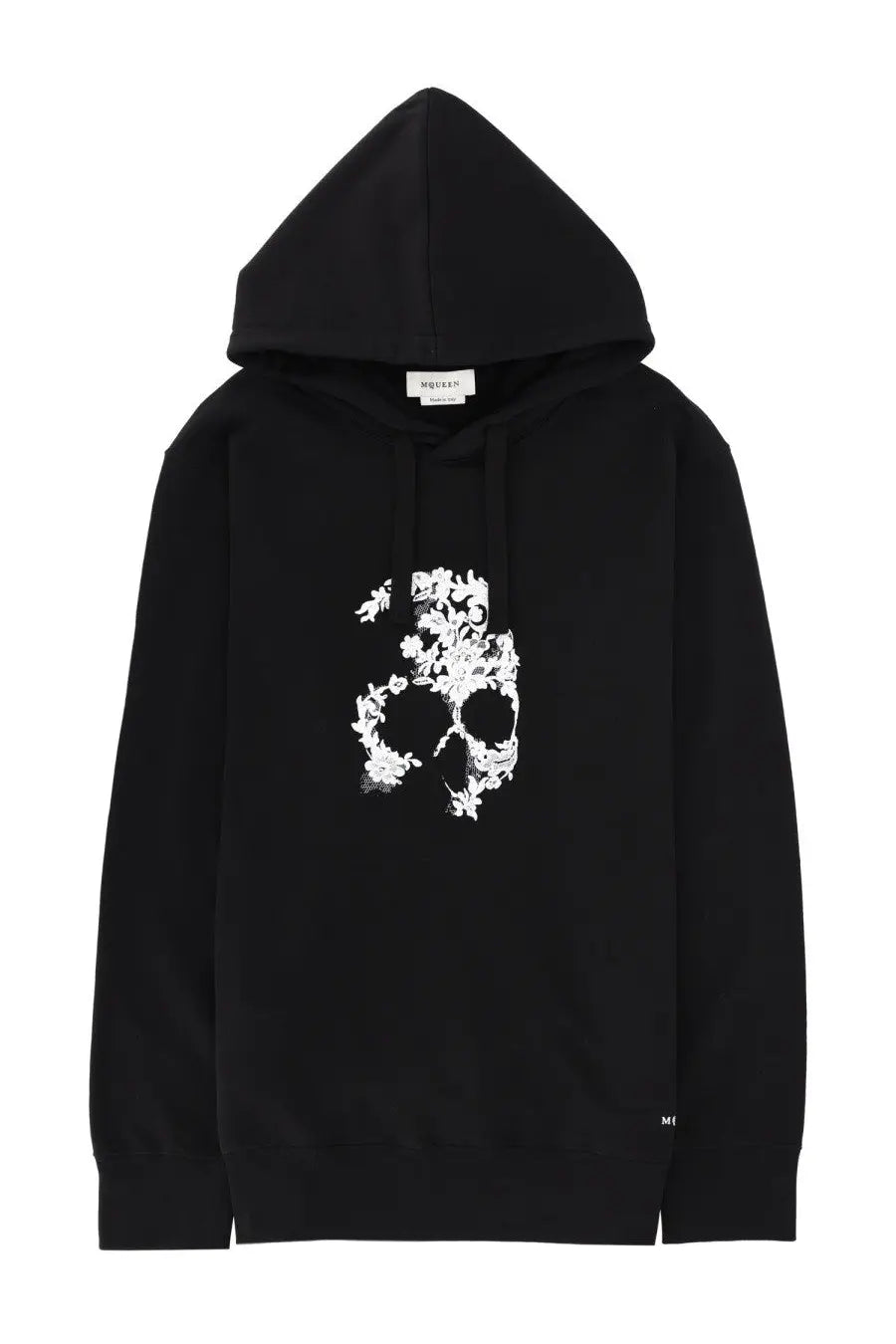 Black Alexander McQueen men’s sweatshirt featuring a white floral skull graphic on the front for casual wear