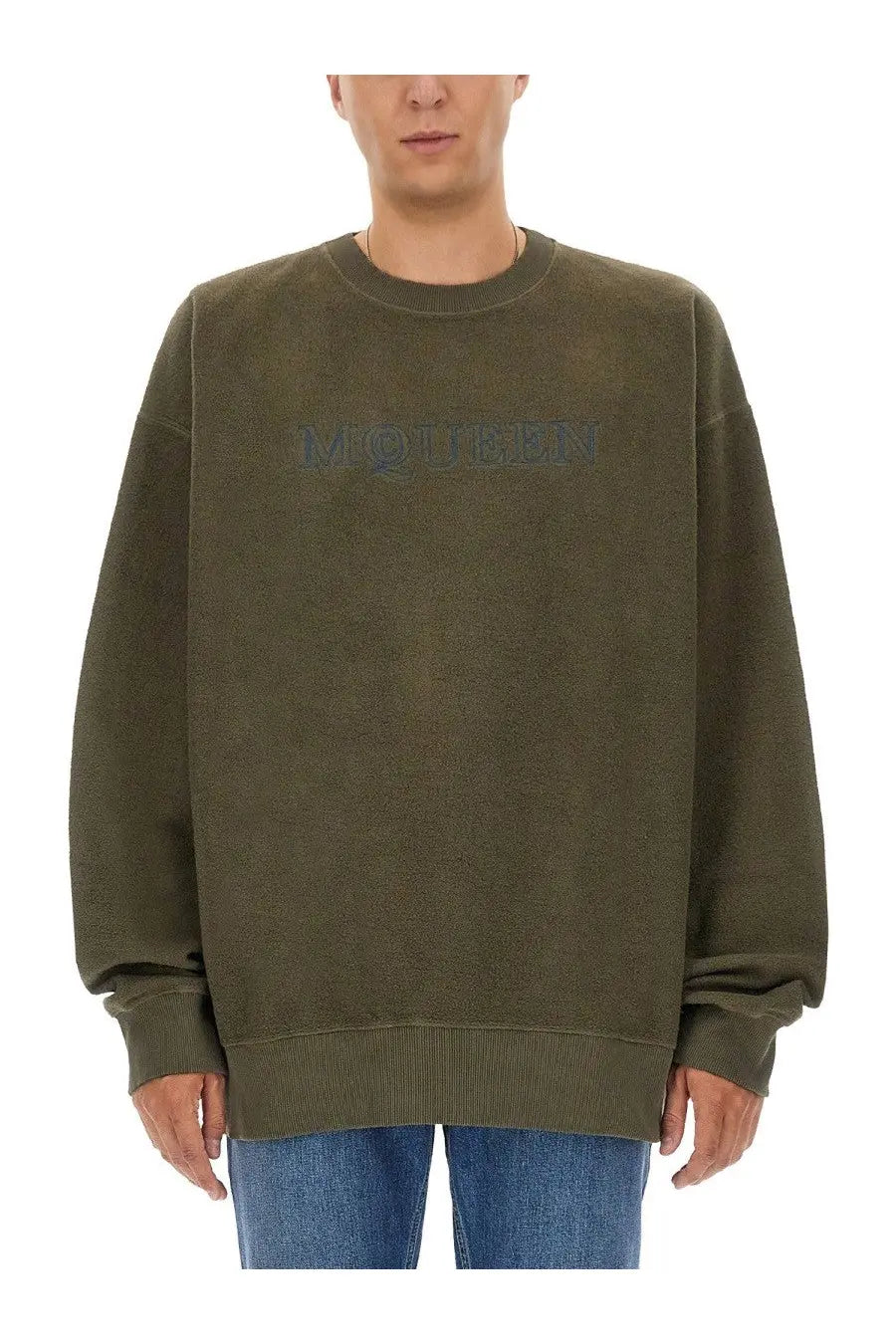 Alexander McQueen men’s olive green oversized crewneck sweatshirt with subtle embossed logo across the chest