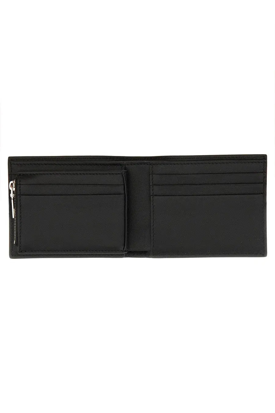 Alexander mcqueen men’s black leather bifold wallet with zippered compartment and multiple card slots
