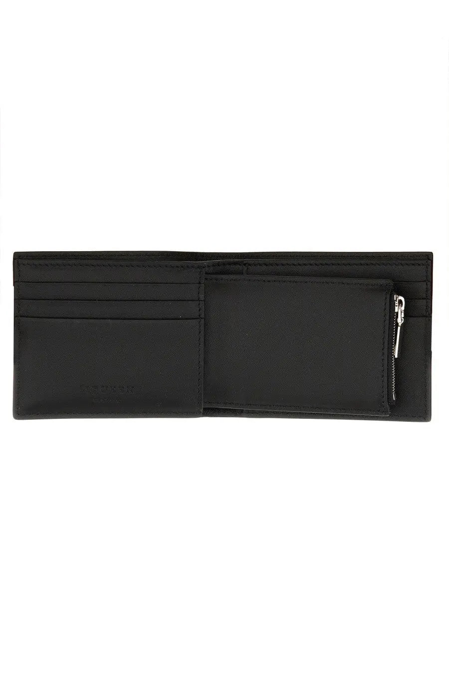 Black leather Alexander McQueen men’s wallet with multiple card slots and a zippered compartment for organization