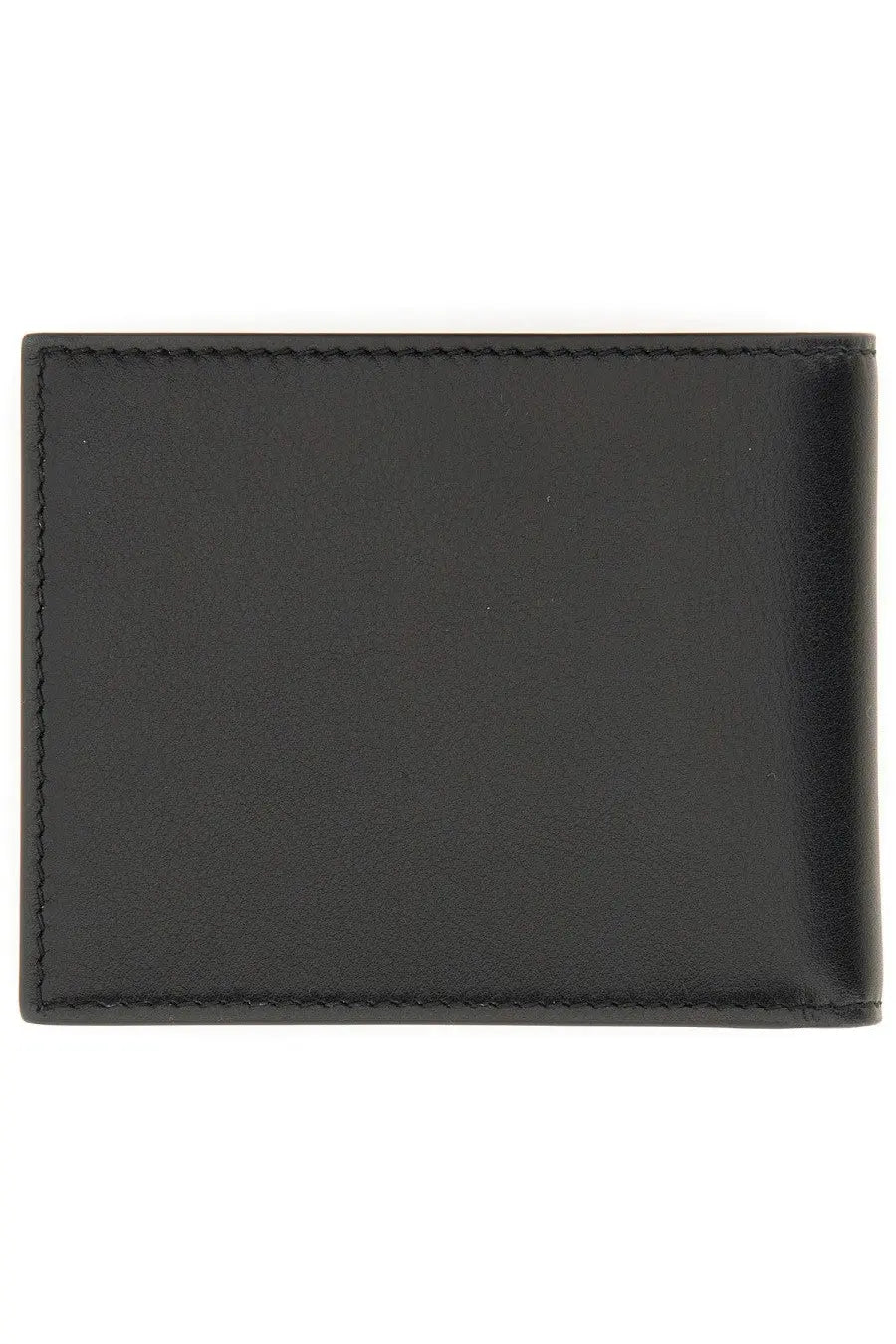 Black leather Alexander McQueen men’s wallet with precise stitching along the edges visible on the front side