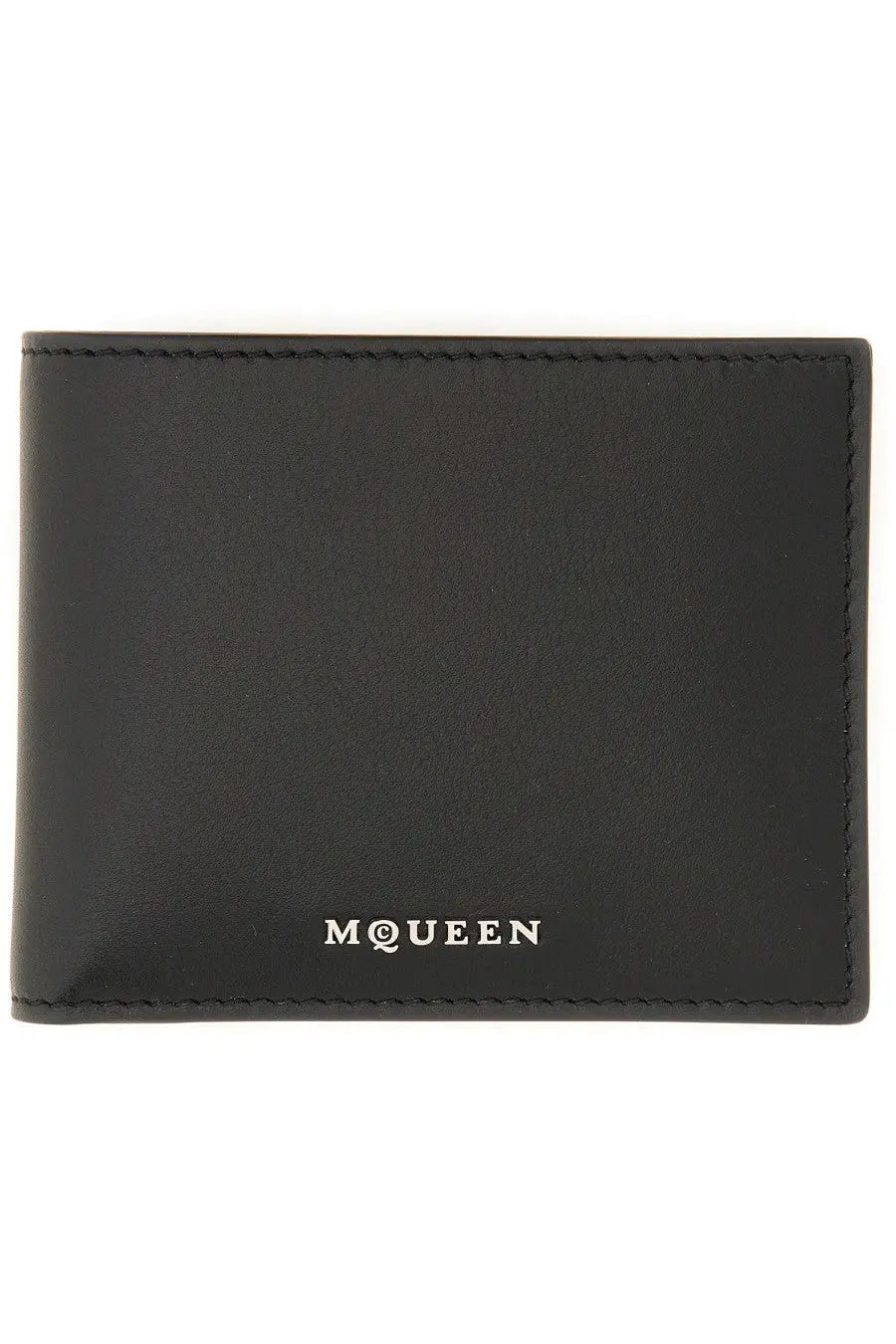 Black leather alexander mcqueen men’s wallet with silver m@queen branding on the front side
