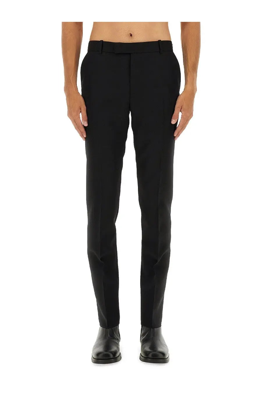 Alexander McQueen men’s black wool tailored trousers with sleek straight-leg cut and subtle front creasing