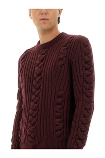 Alexander McQueen men’s wool sweater red in maroon cable knit with ribbed crew neck and intricate braided texture