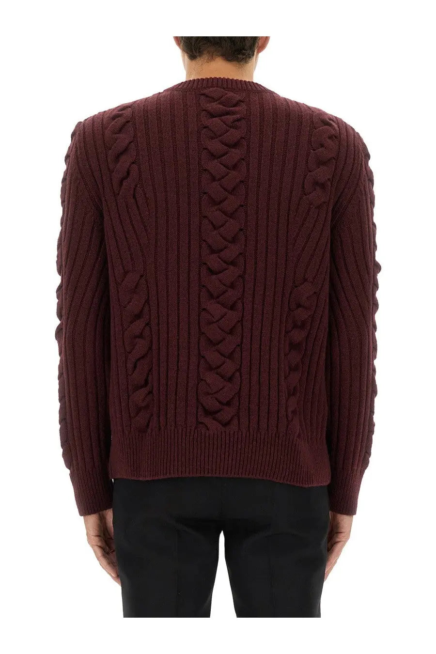Alexander mcqueen men’s wool sweater red shown from the back with intricate burgundy cable-knit braided patterns on sleeves and back