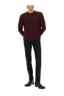 Alexander McQueen men’s wool sweater in rich burgundy with an intricate cable-knit textured pattern
