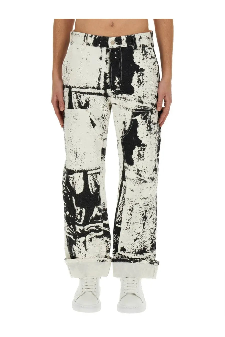 Black and white graphic printed wide-leg trousers with distressed collage design alexander mcqueen mens workwear jeans white