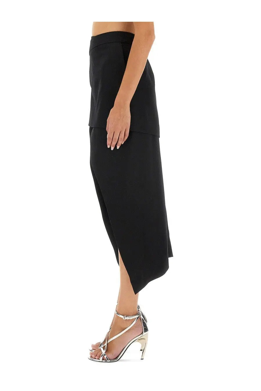 Alexander McQueen women’s black high-waisted midi skirt with layered asymmetrical design and side slit