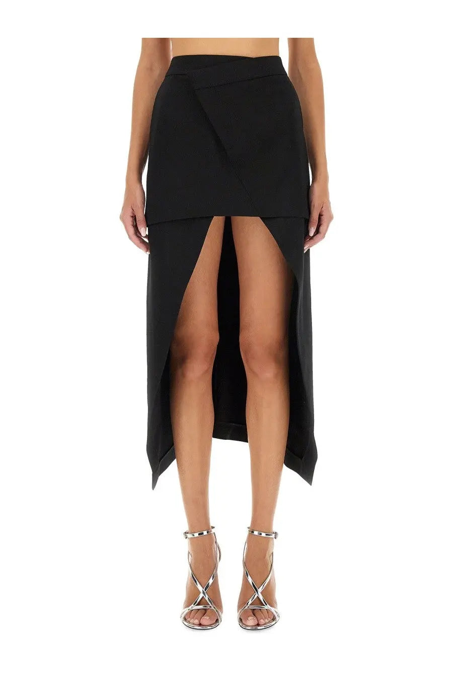 Alexander McQueen women’s black high-waisted asymmetrical skirt with front slit and draped fabric detail