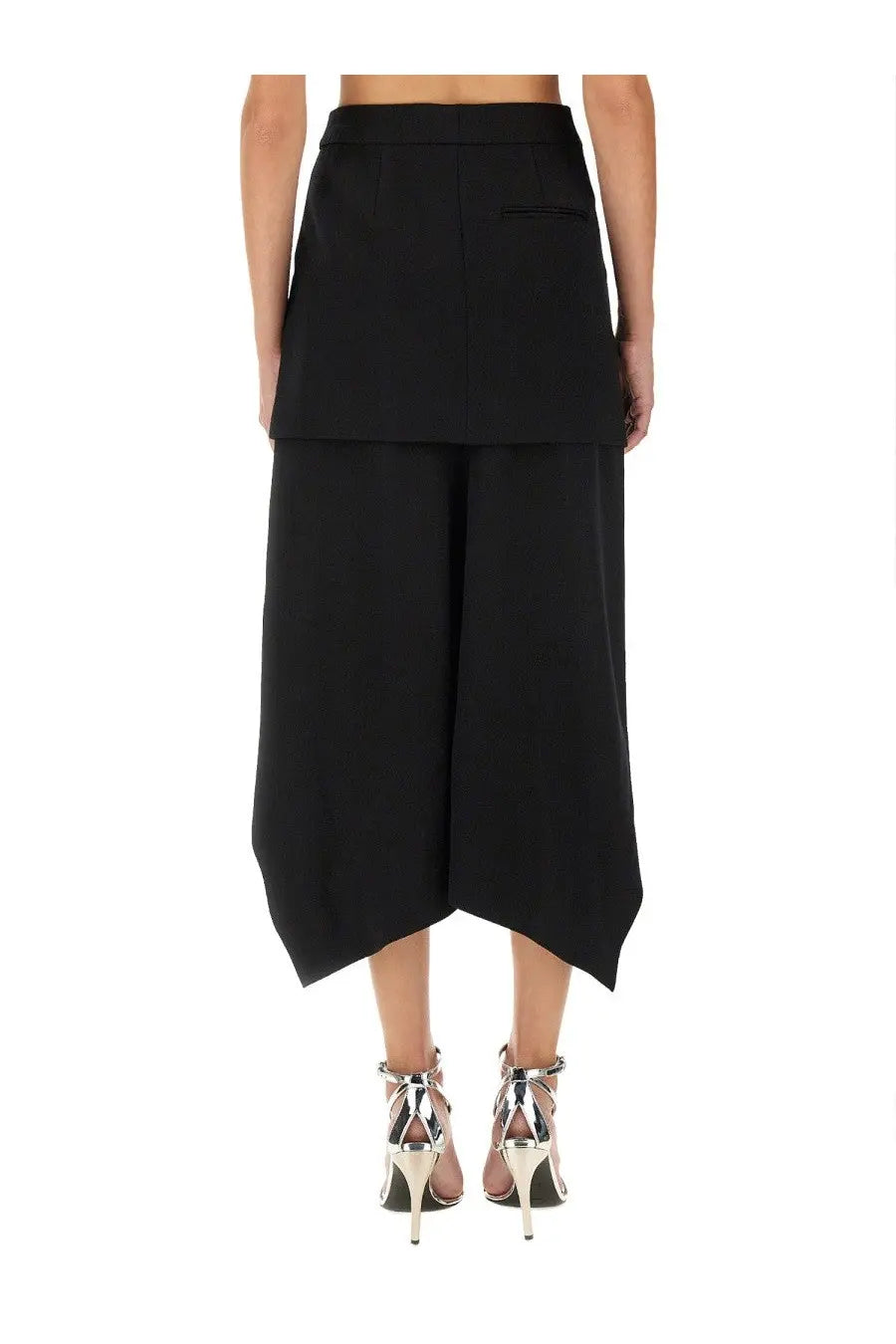 Alexander McQueen women’s black high-waisted asymmetrical wide-leg skirt with structured waistband back view