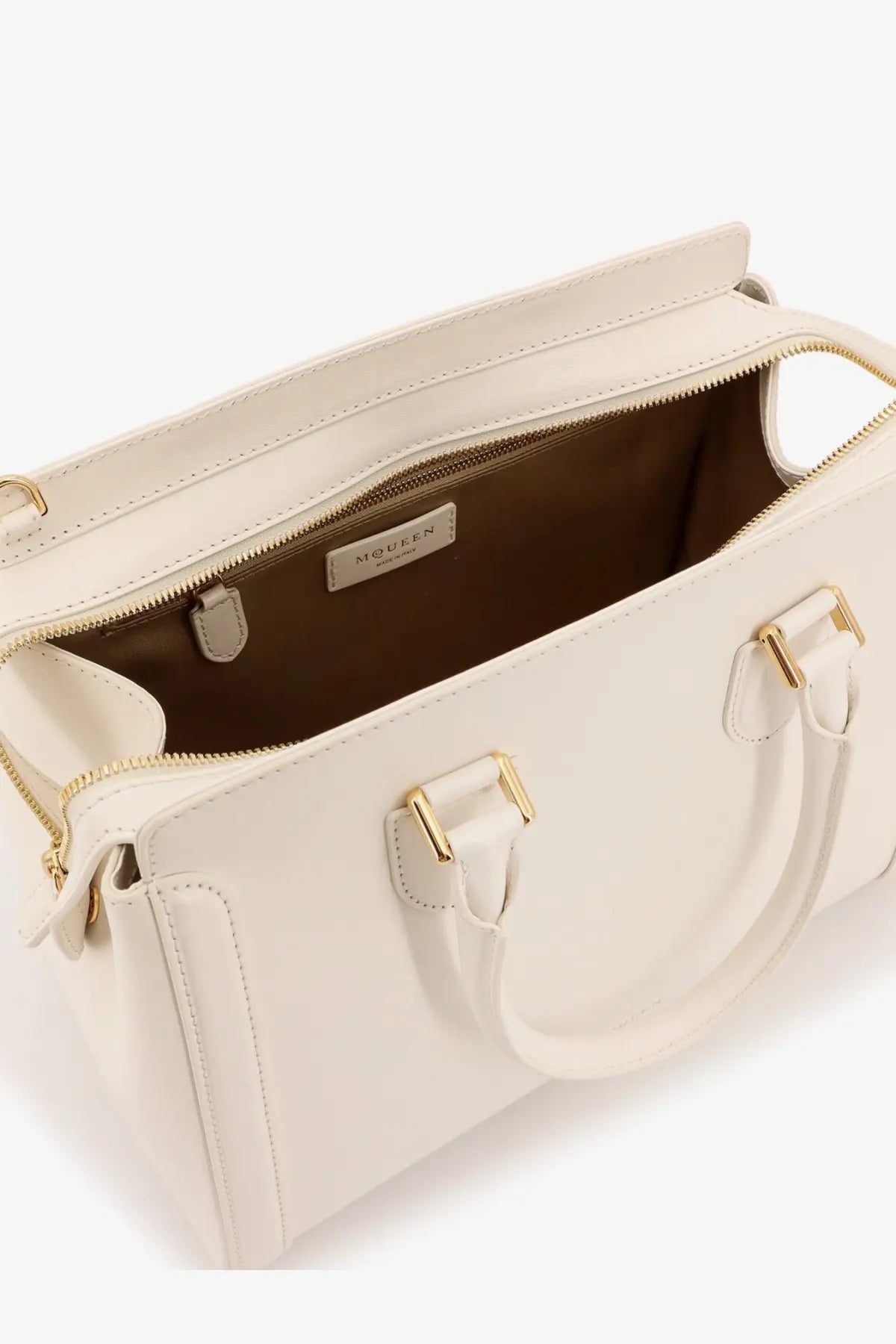 Alexander McQueen women’s birdee large leather shoulder bag in cream leather with structured design and gold-tone hardware